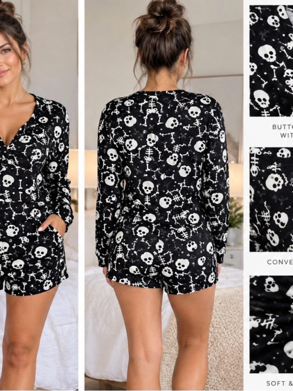 Women's Black & White Skull Print Long-Sleeve PJ Romper